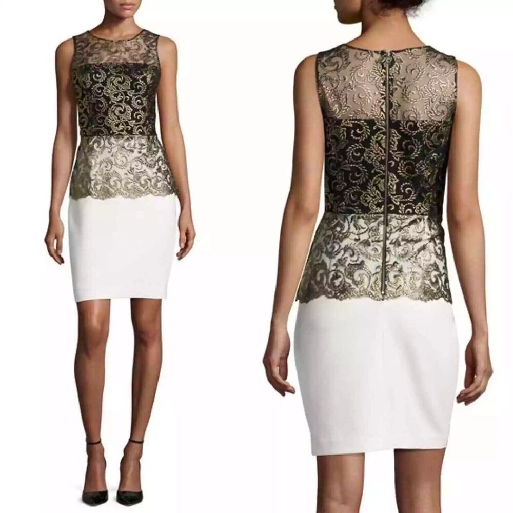 Sachin + Babi Noir Size 10 Black Gold Embroidered Lace Peplum Carolina Dress